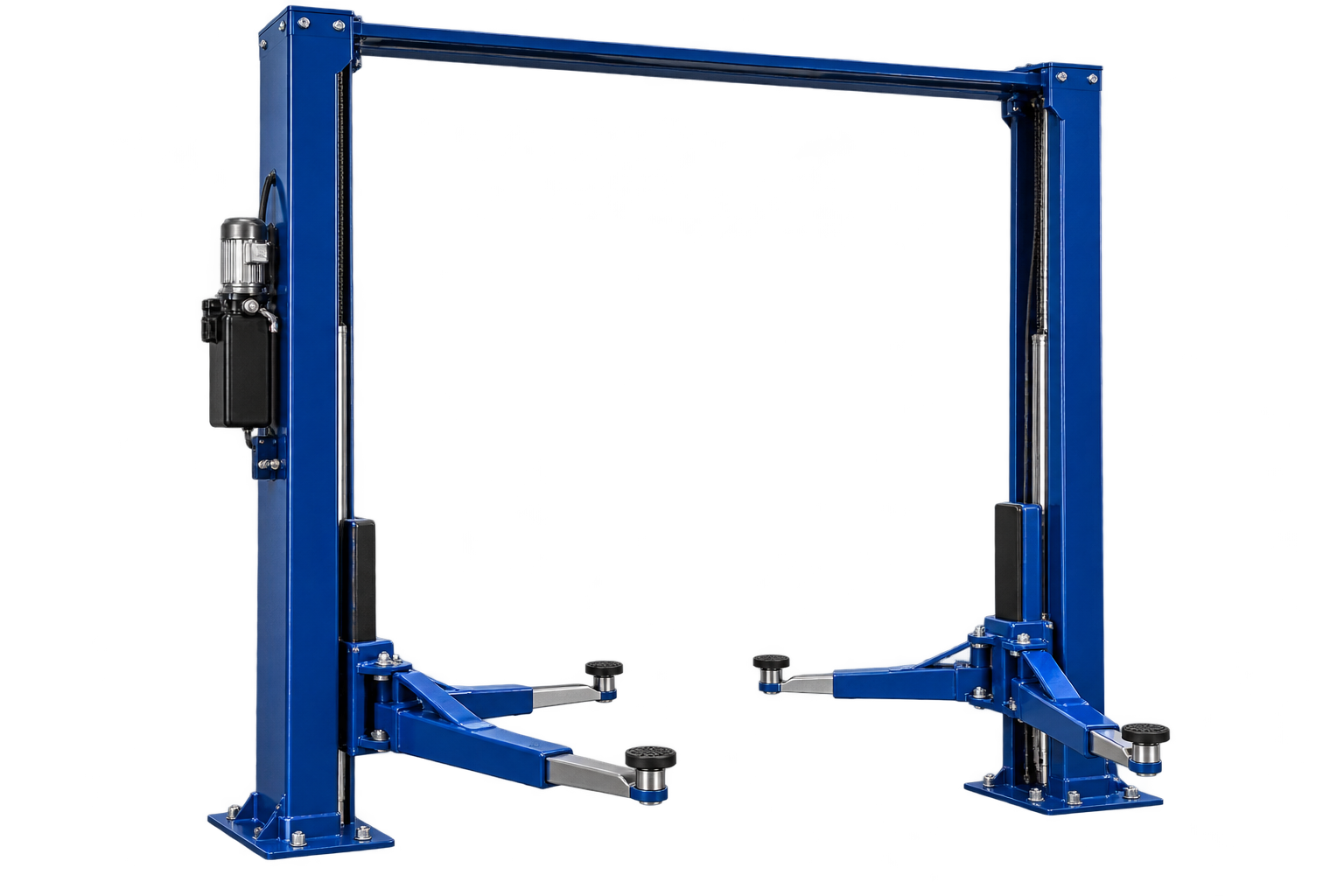 Blue two-post automotive lift
